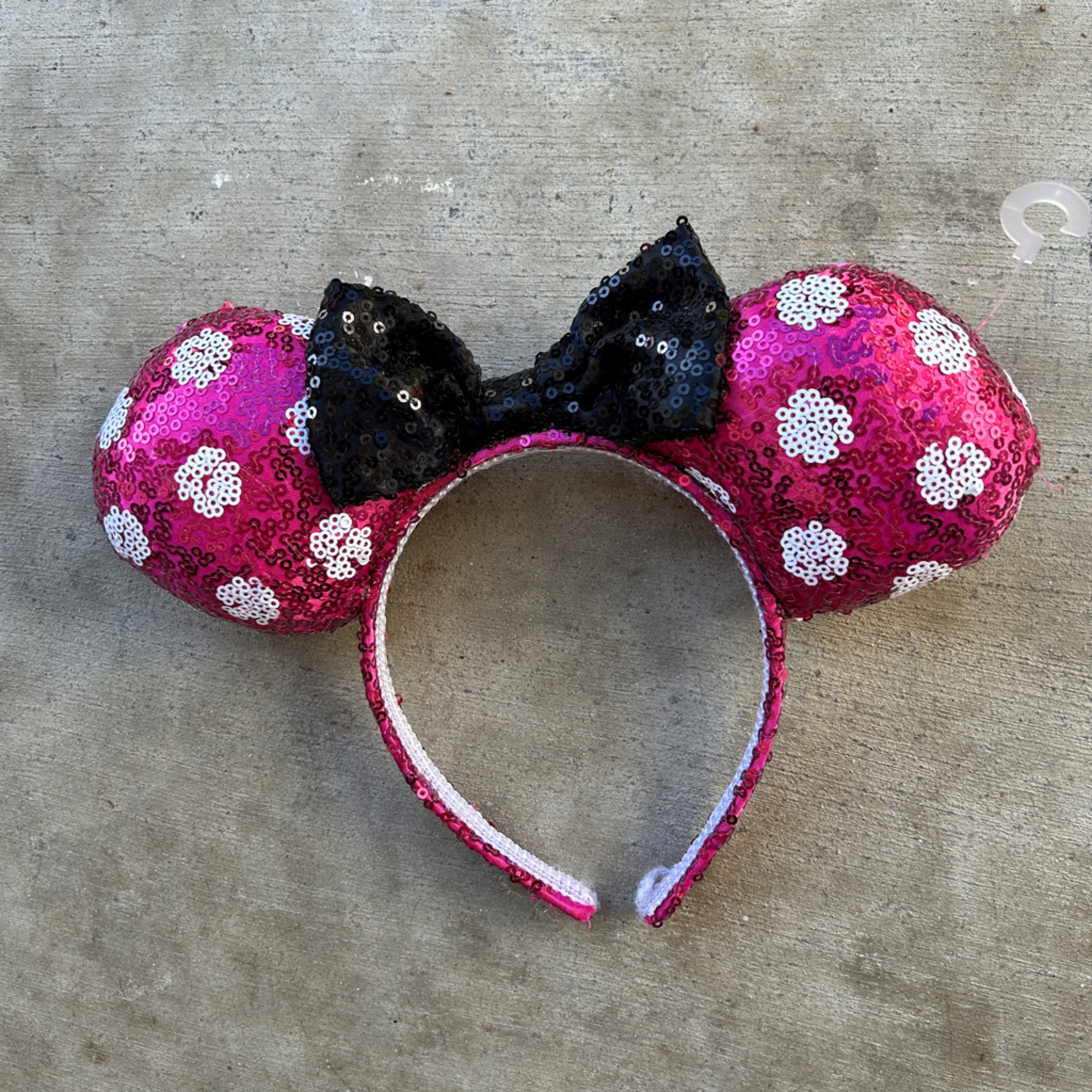 Disney Parks Sparkle Minnie Mouse Pink With White Polka Dot Ears With Black Bow
